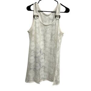 White Sleeveless Lace Crochet Overlay Top Swim Cover Up Wooden Rings Accent
